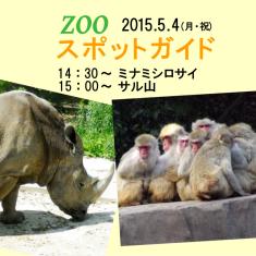 2015年5月4日(月・祝)のスポットガイドは14：30からミナミシロサイ ，15：00からサル山で行います